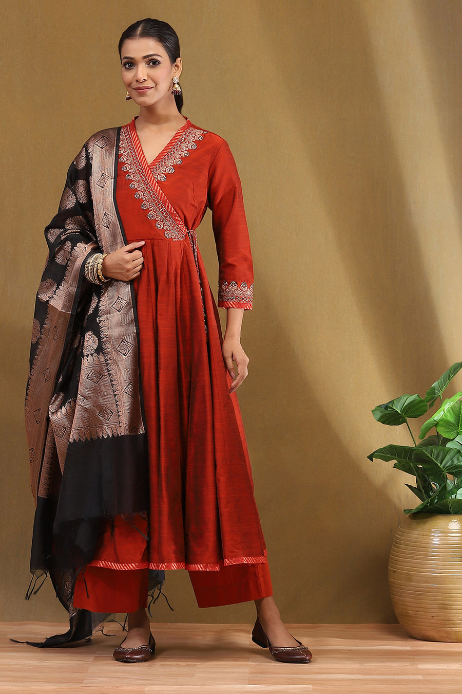 Rust Embroidered Angrakha Festive Anarkali Suit Set A34