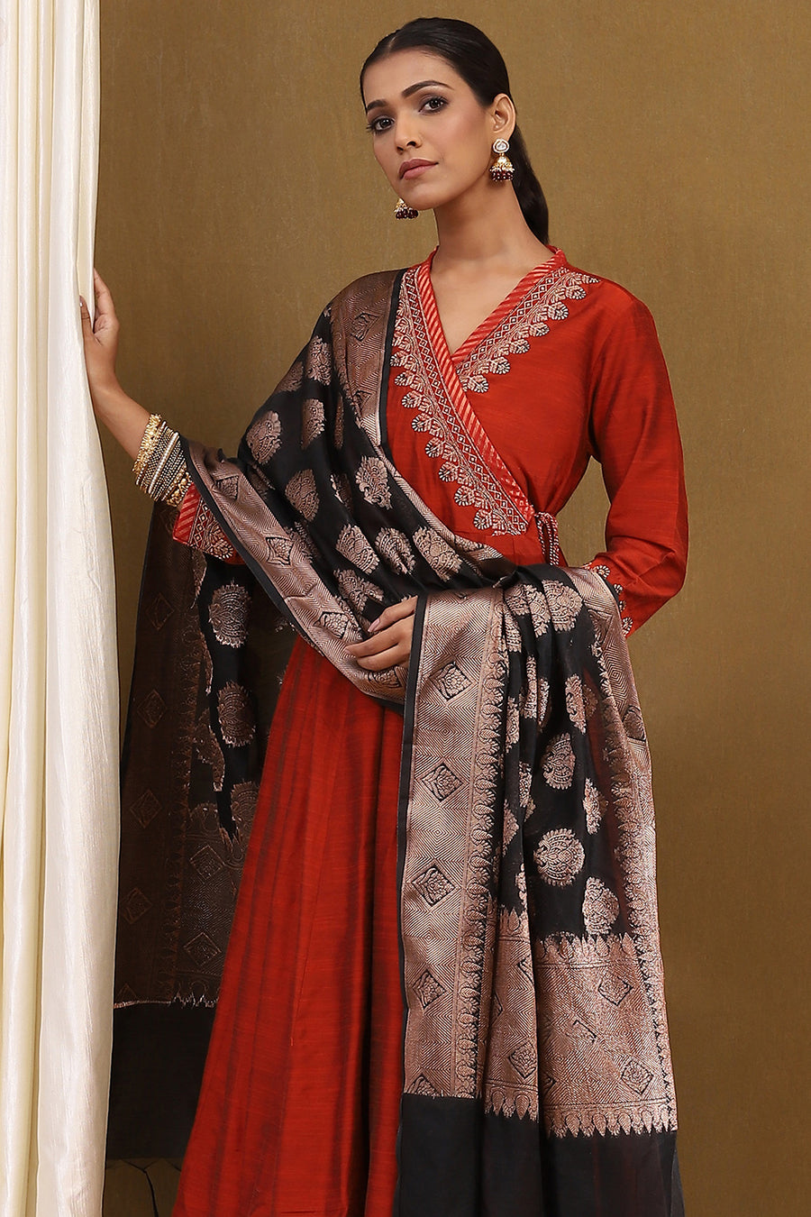 Rust Embroidered Angrakha Festive Anarkali Suit Set A34
