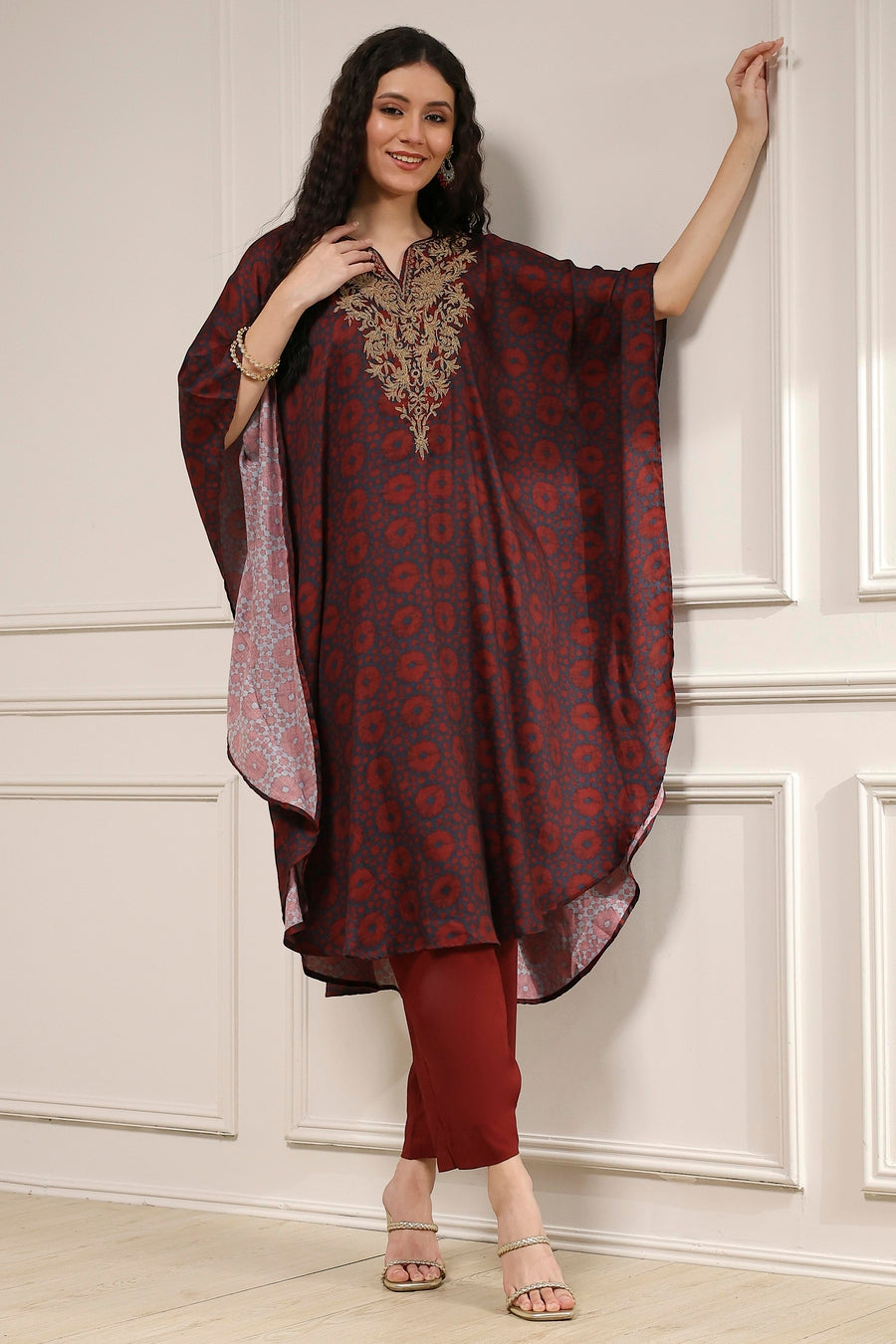 Blue and Brown Satin Printed Kaftan-Style Kurta Set KS60