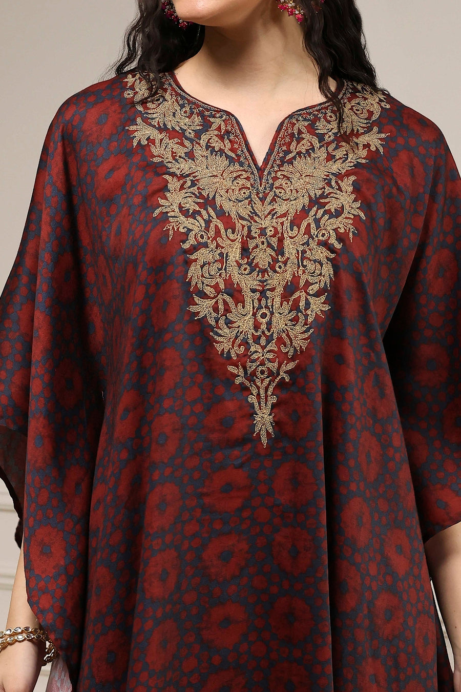 Blue and Brown Satin Printed Kaftan-Style Kurta Set KS60