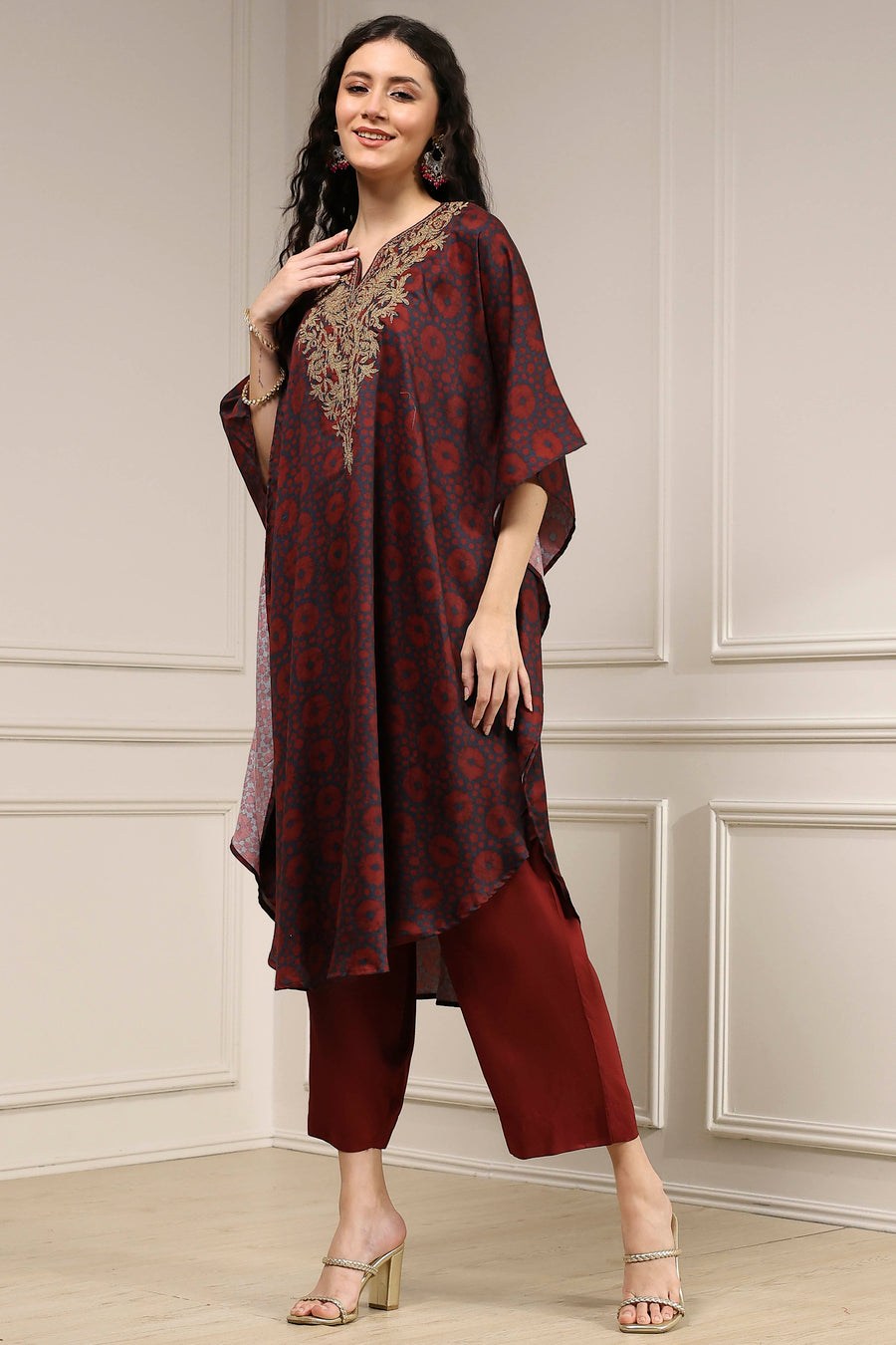 Blue and Brown Satin Printed Kaftan-Style Kurta Set KS60
