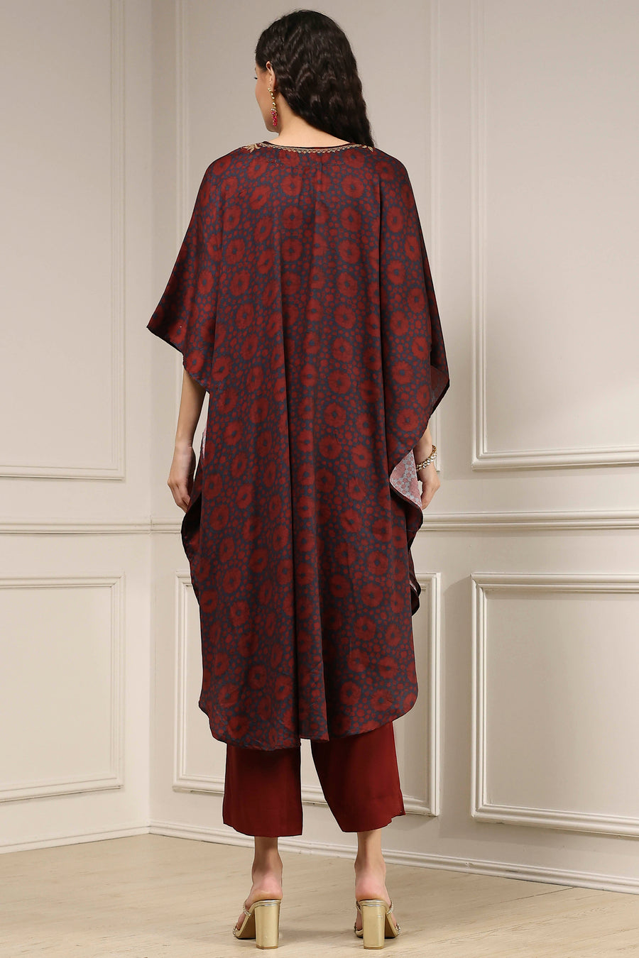 Blue and Brown Satin Printed Kaftan-Style Kurta Set KS60