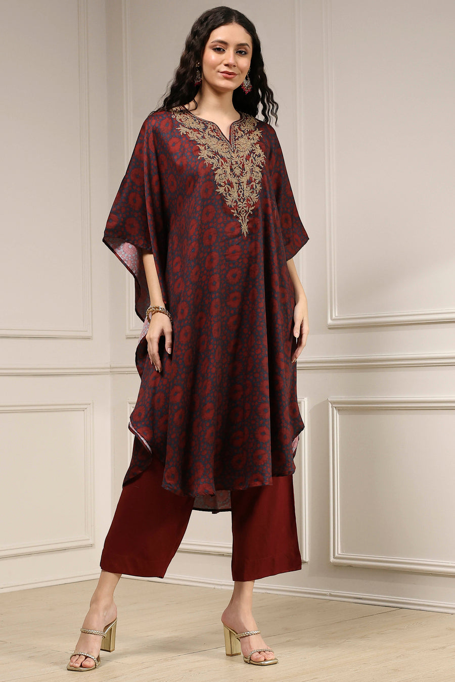 Blue and Brown Satin Printed Kaftan-Style Kurta Set KS60