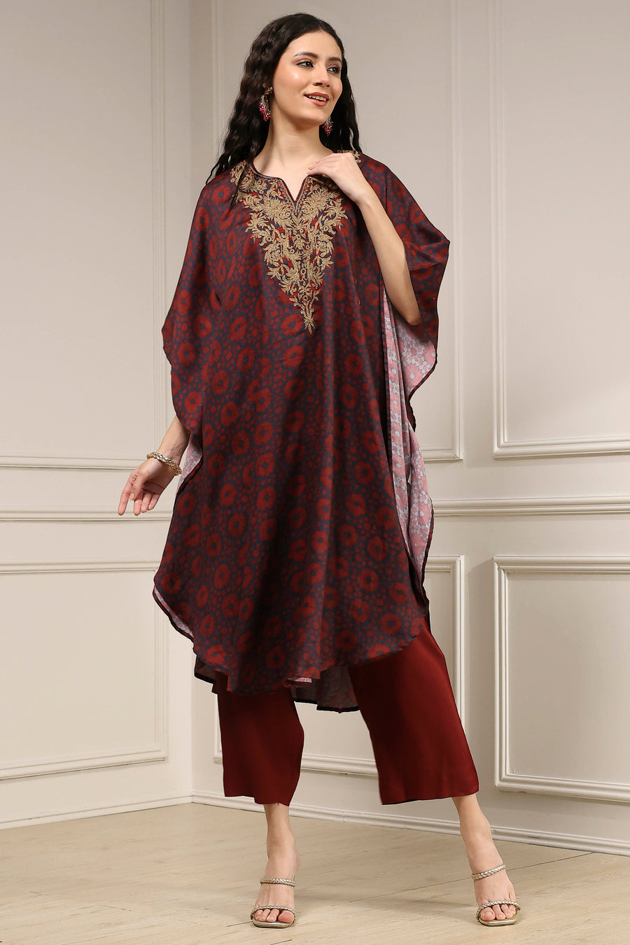Blue and Brown Satin Printed Kaftan-Style Kurta Set KS60