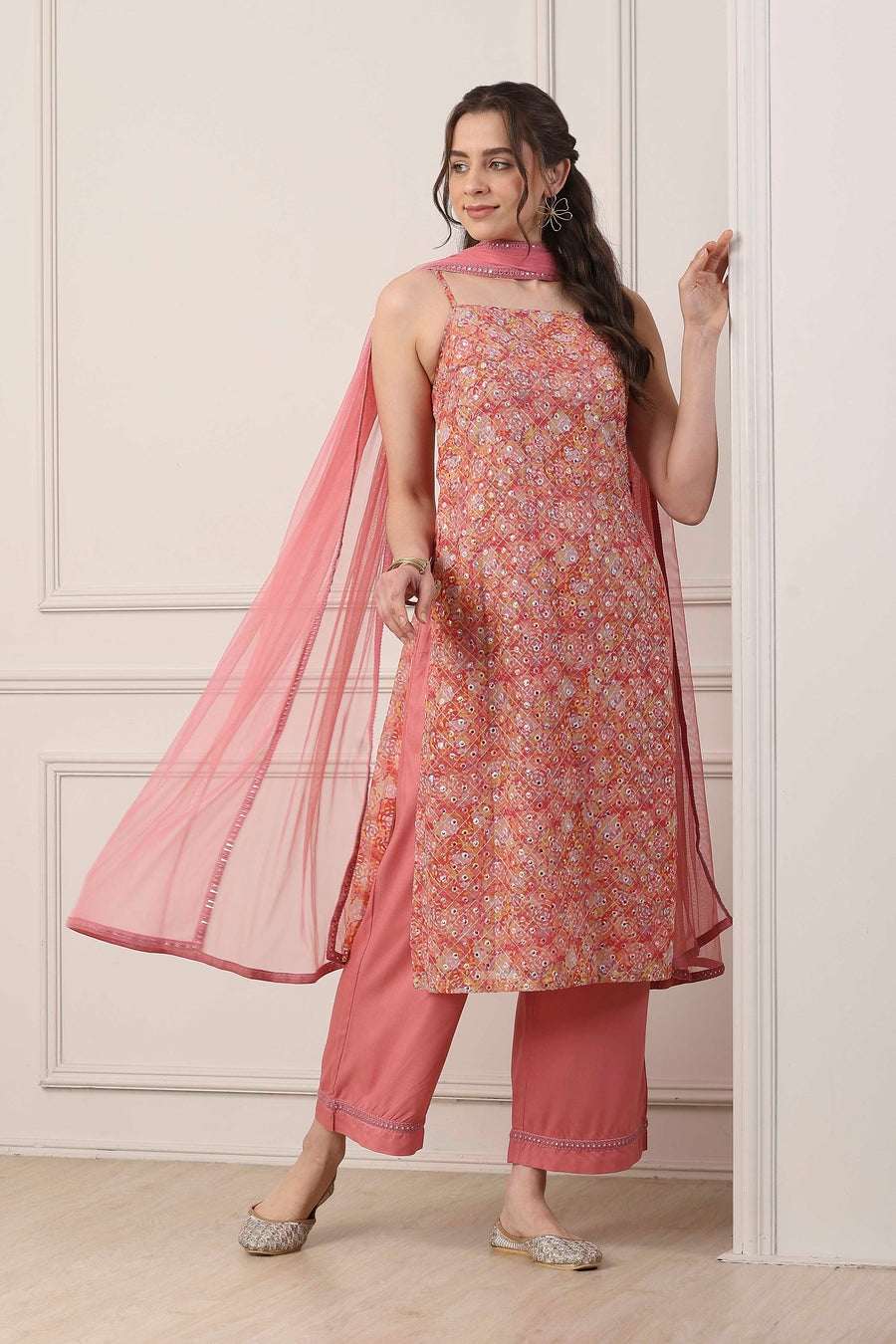Peach Poly Georgette Floral Thread Work Straight Suit Set KS60