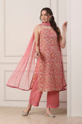 Peach Poly Georgette Floral Thread Work Straight Suit Set KS60