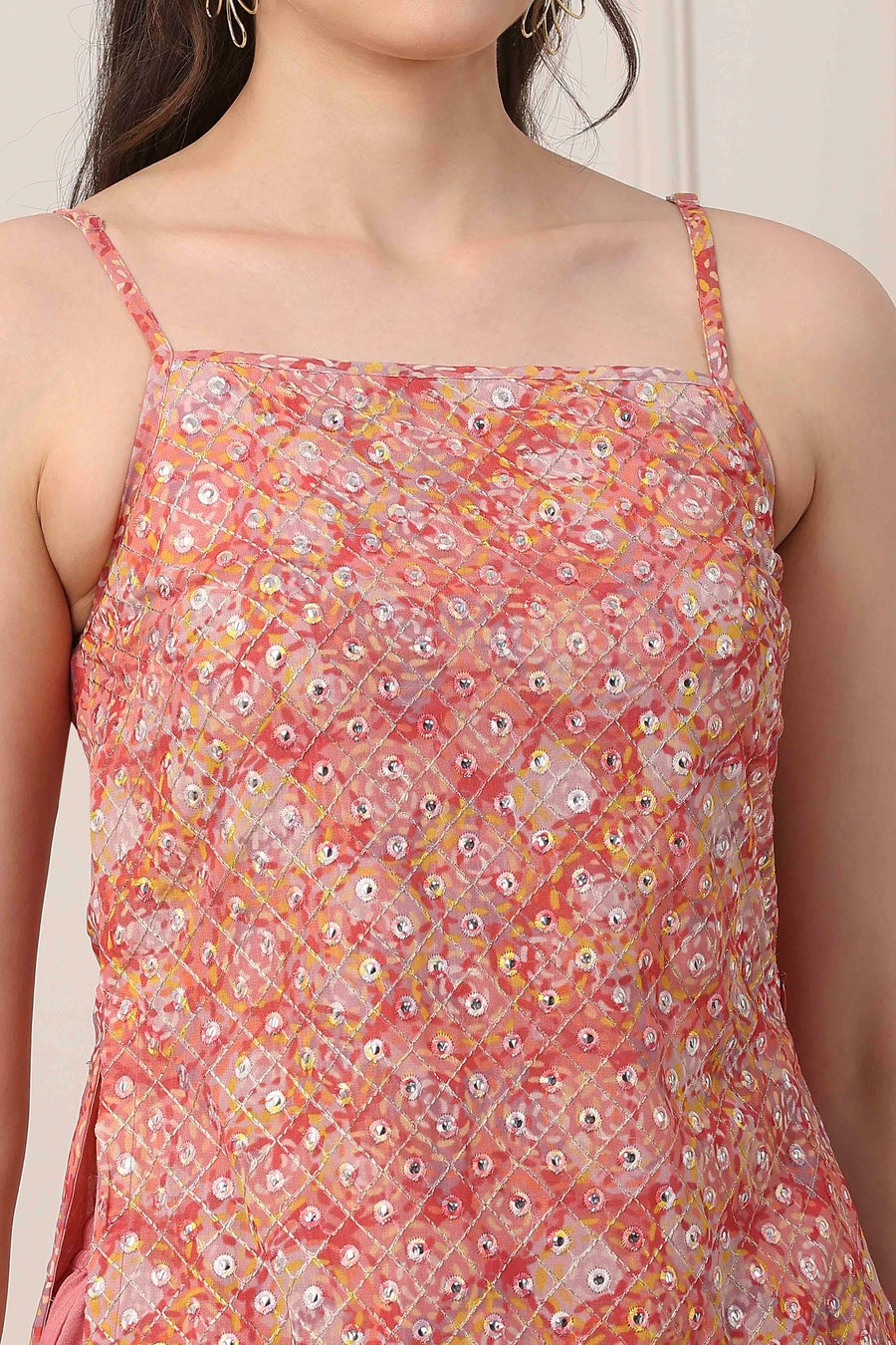 Peach Poly Georgette Floral Thread Work Straight Suit Set KS60