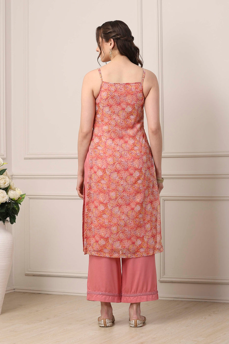 Peach Poly Georgette Floral Thread Work Straight Suit Set KS60