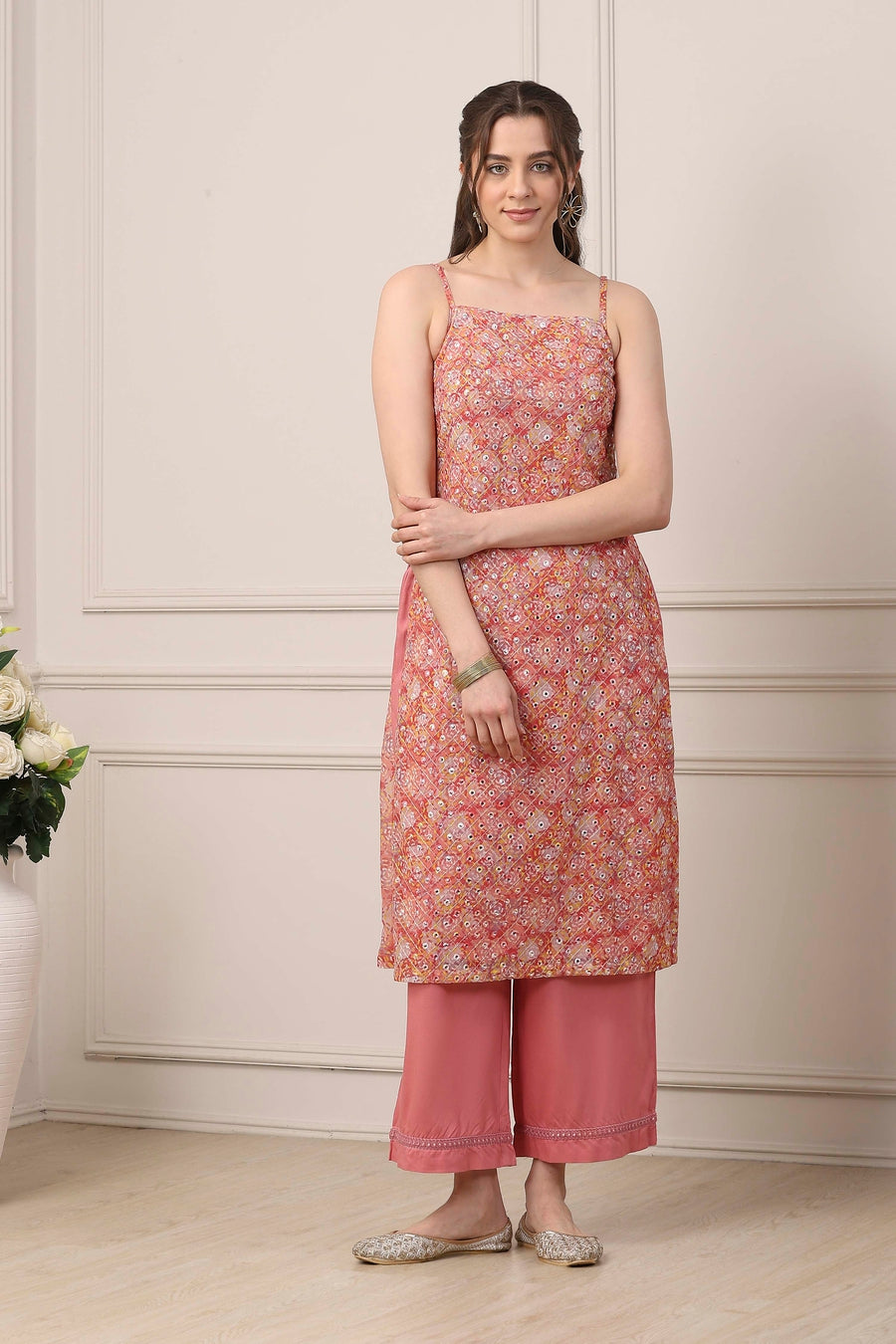 Peach Poly Georgette Floral Thread Work Straight Suit Set KS60