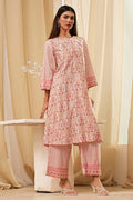 Off-White and Pink Cotton Straight Kurta Set KS60