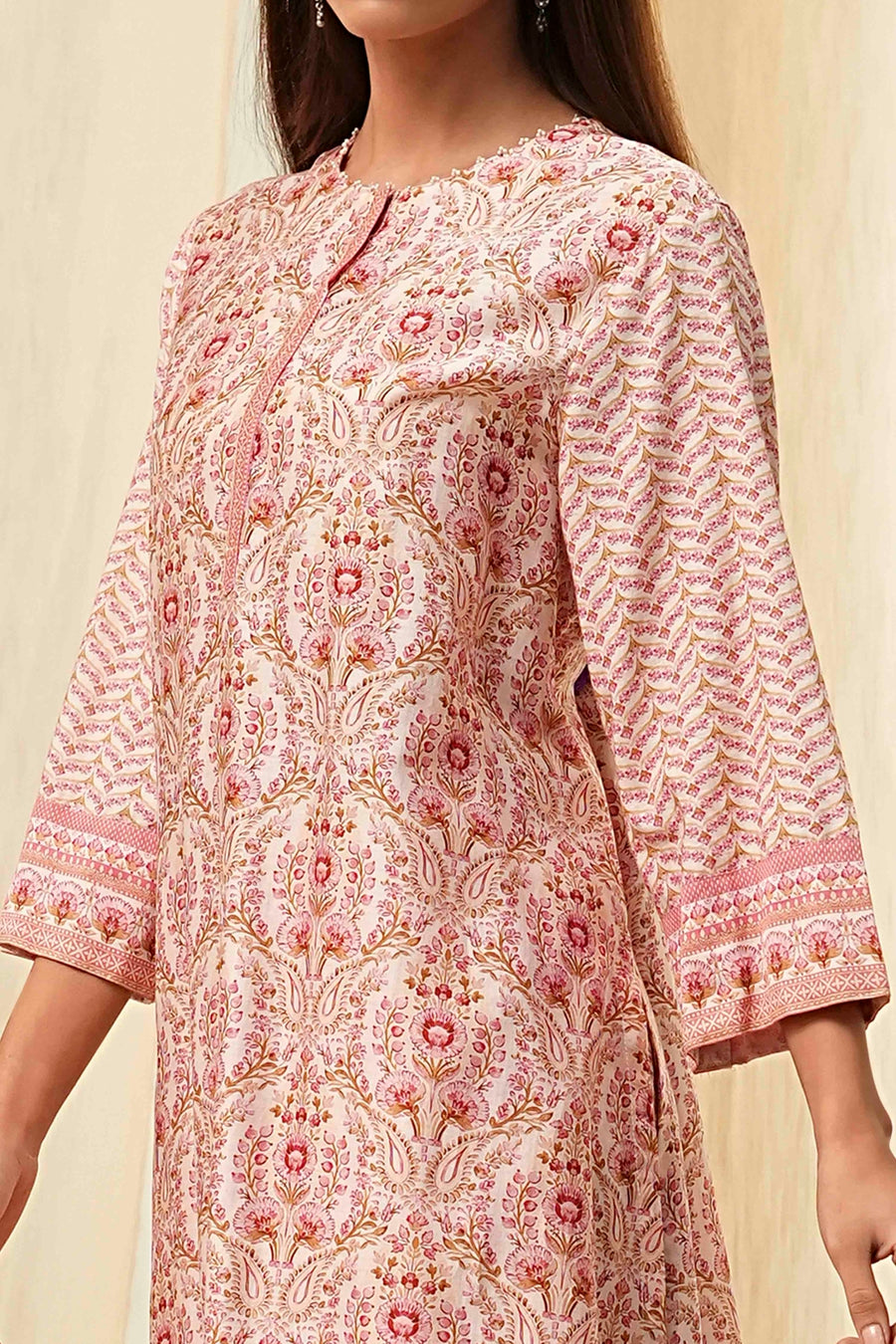 Off-White and Pink Cotton Straight Kurta Set KS60