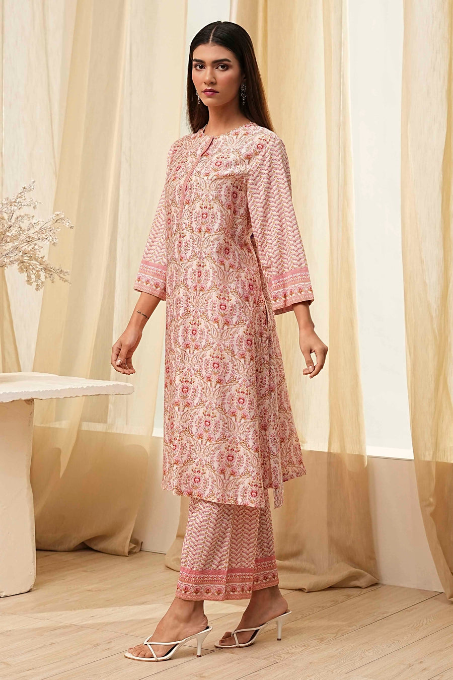 Off-White and Pink Cotton Straight Kurta Set KS60