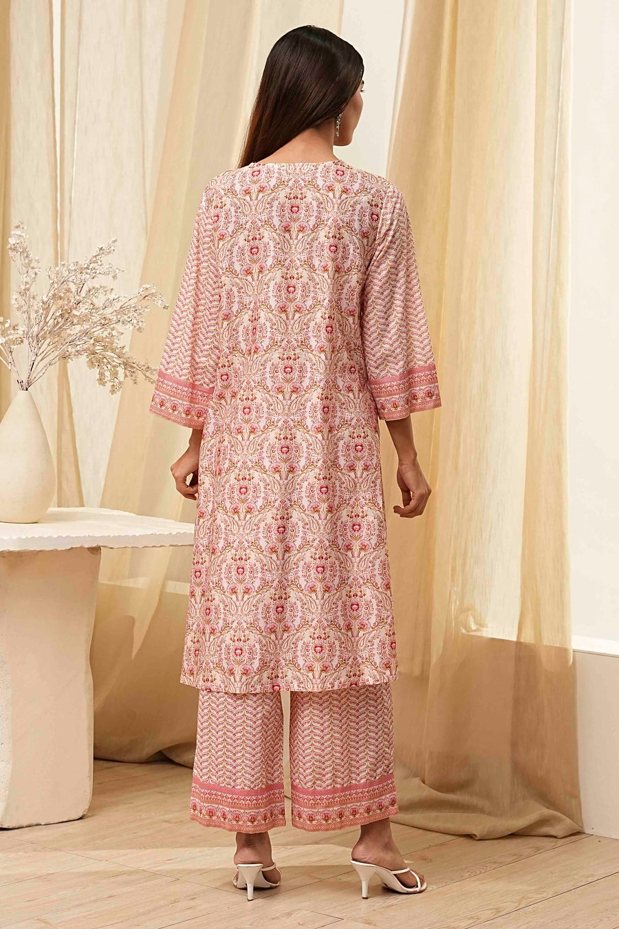 Off-White and Pink Cotton Straight Kurta Set KS60