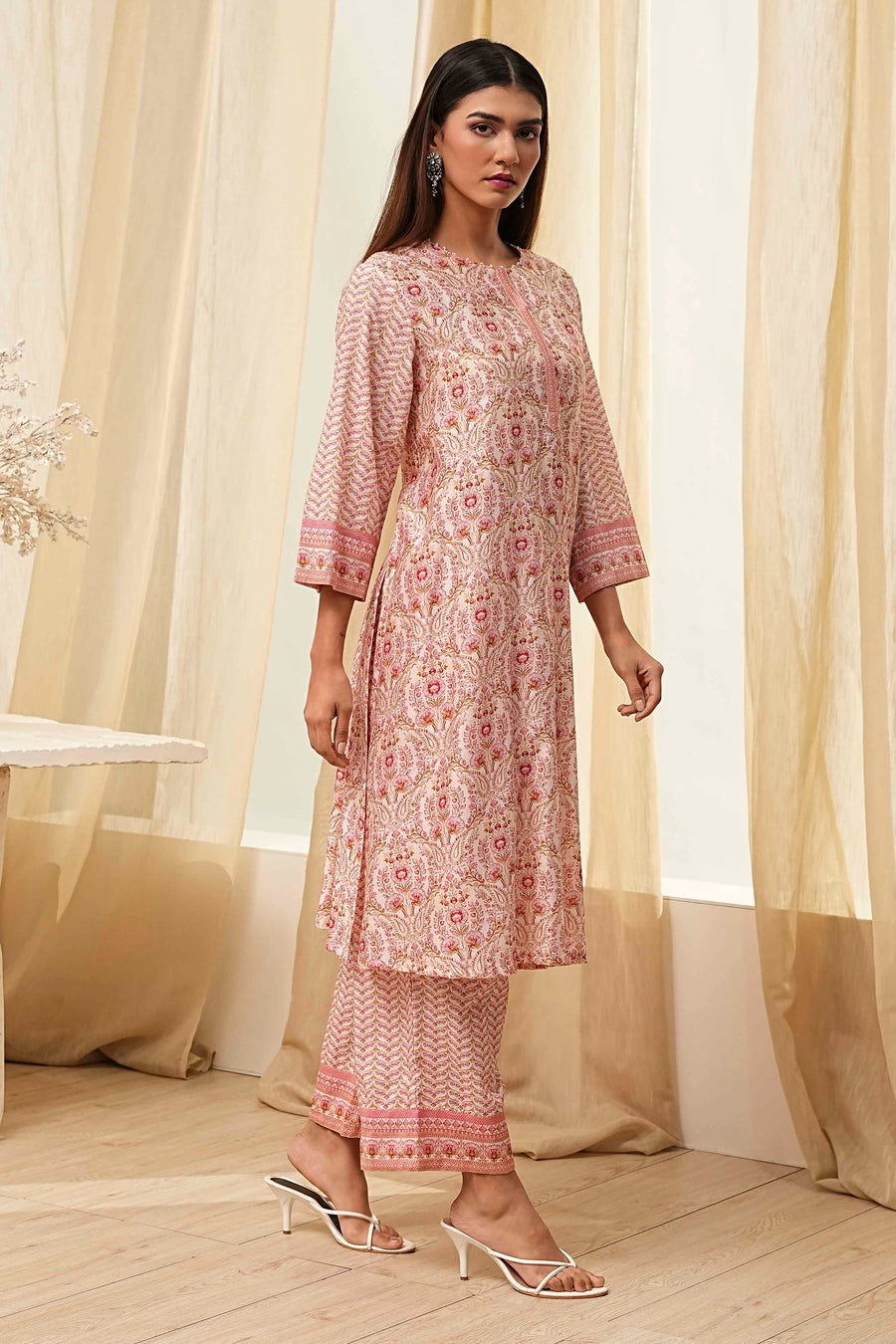 Off-White and Pink Cotton Straight Kurta Set KS60