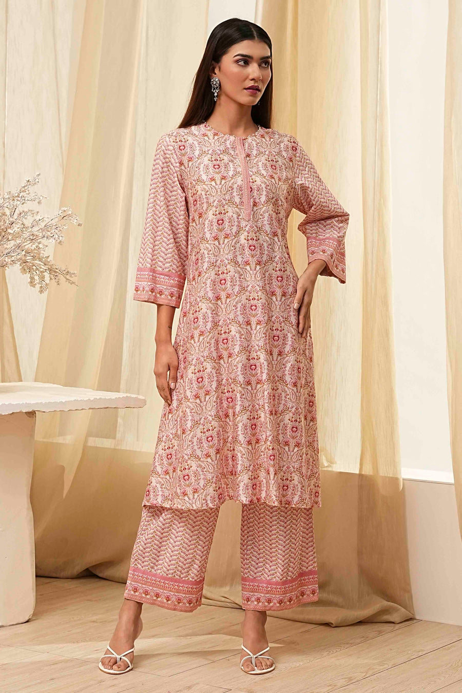 Off-White and Pink Cotton Straight Kurta Set KS60