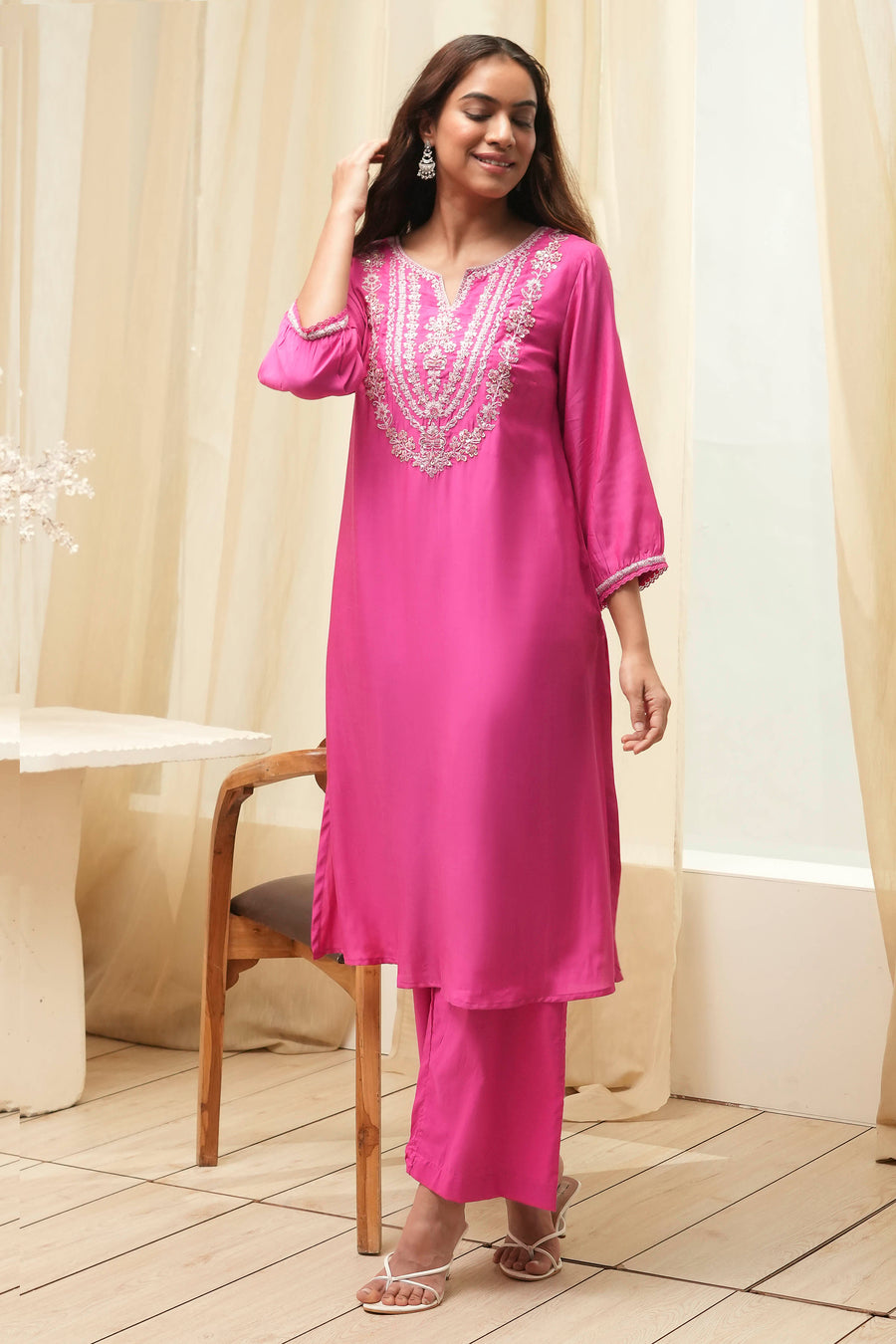 Pink Embroidered Straight Kurta Set KS60