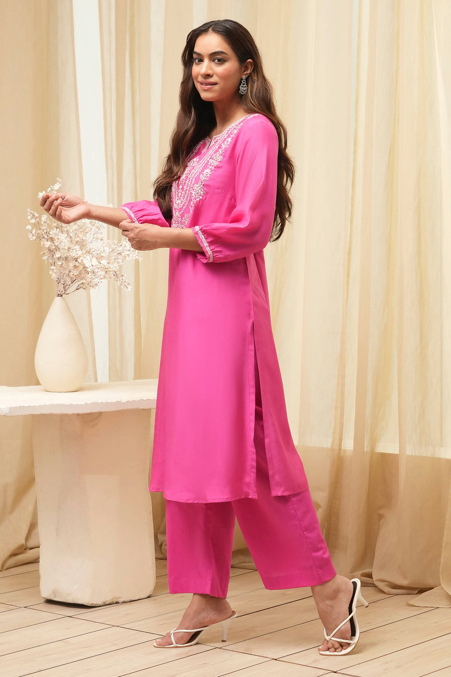 Pink Embroidered Straight Kurta Set KS60