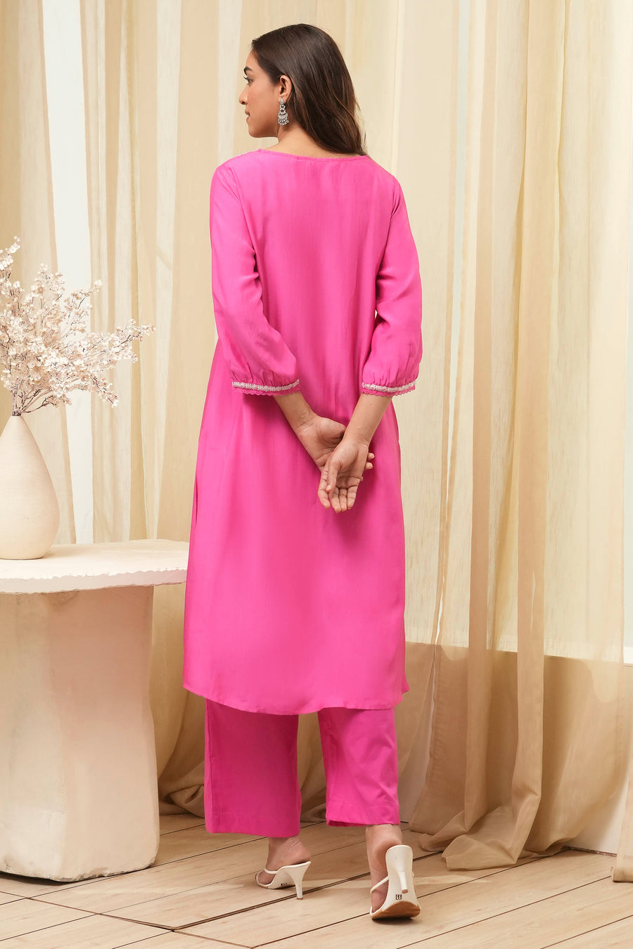 Pink Embroidered Straight Kurta Set KS60