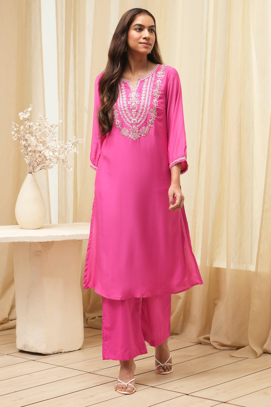 Pink Embroidered Straight Kurta Set KS60