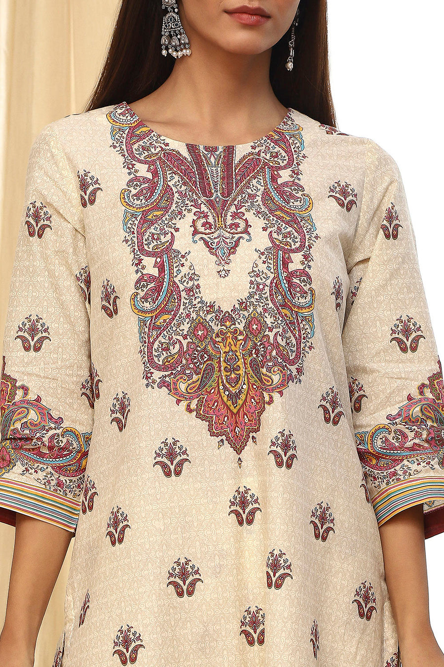 Beige Pure Cotton Printed Straight Suit Set KS60