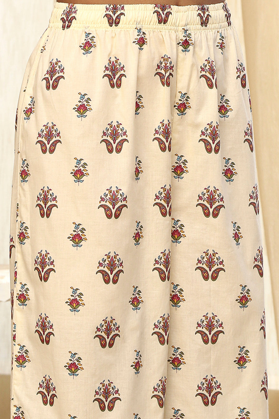 Beige Pure Cotton Printed Straight Suit Set KS60