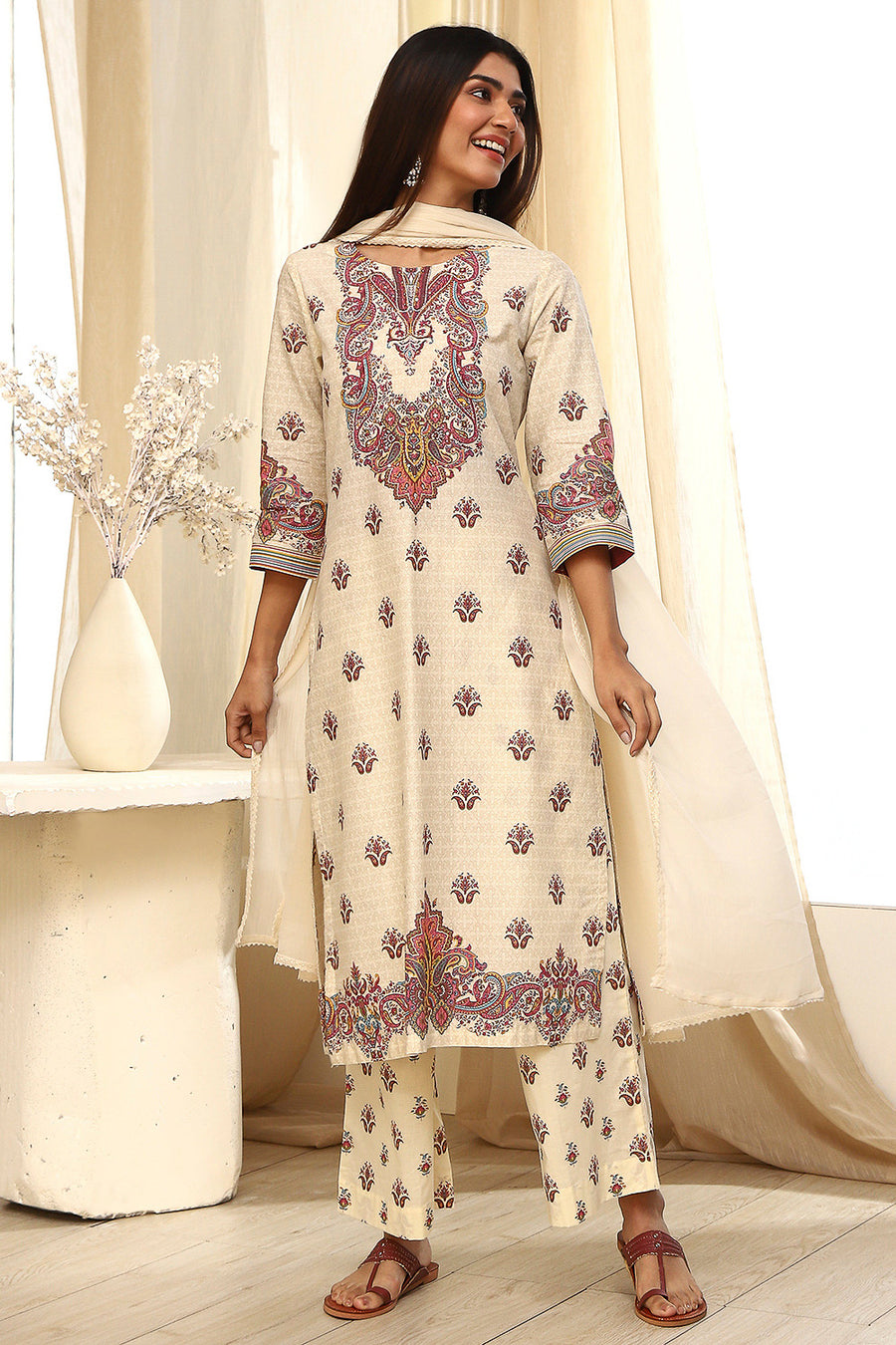 Beige Pure Cotton Printed Straight Suit Set KS60