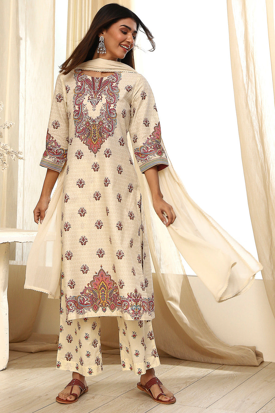 Beige Pure Cotton Printed Straight Suit Set KS60