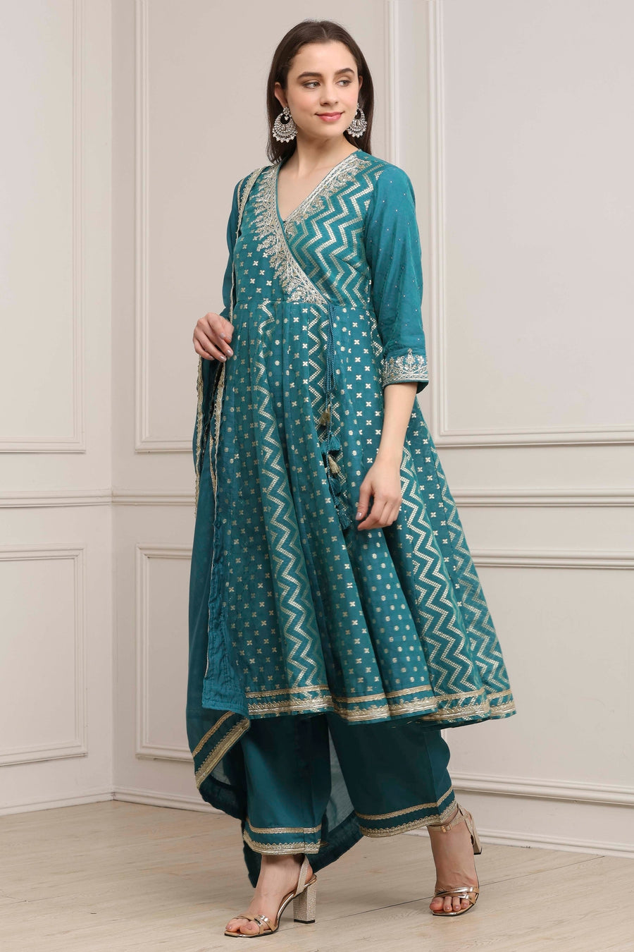 Teal Green Poly Cotton Printed Anarkali Kurta Set A34