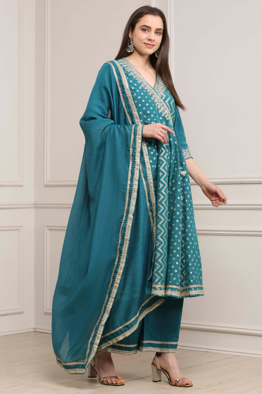 Teal Green Poly Cotton Printed Anarkali Kurta Set A34