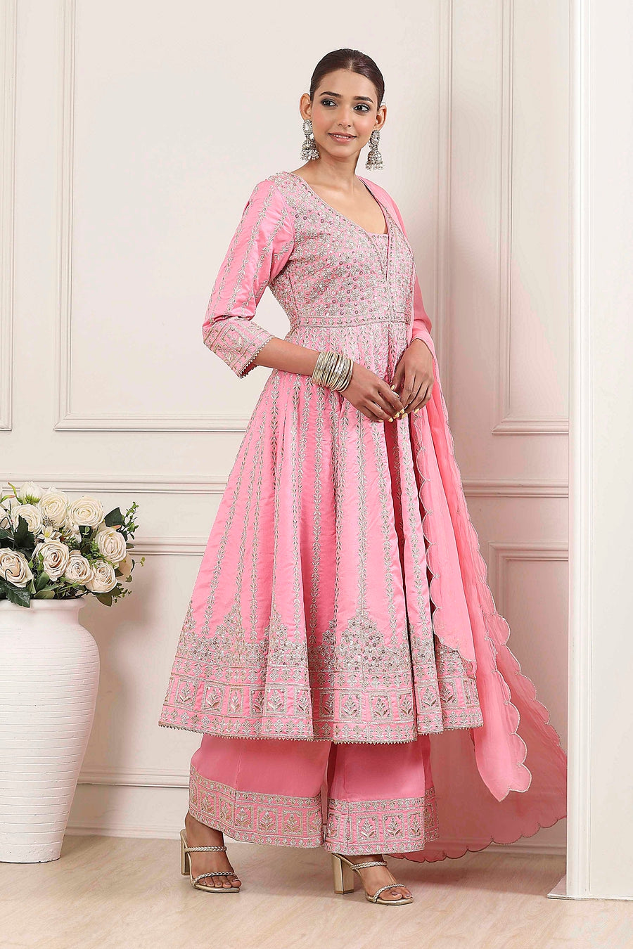 Rose Pink Cotton Silk Embroidered Anarkali Suit Set A34