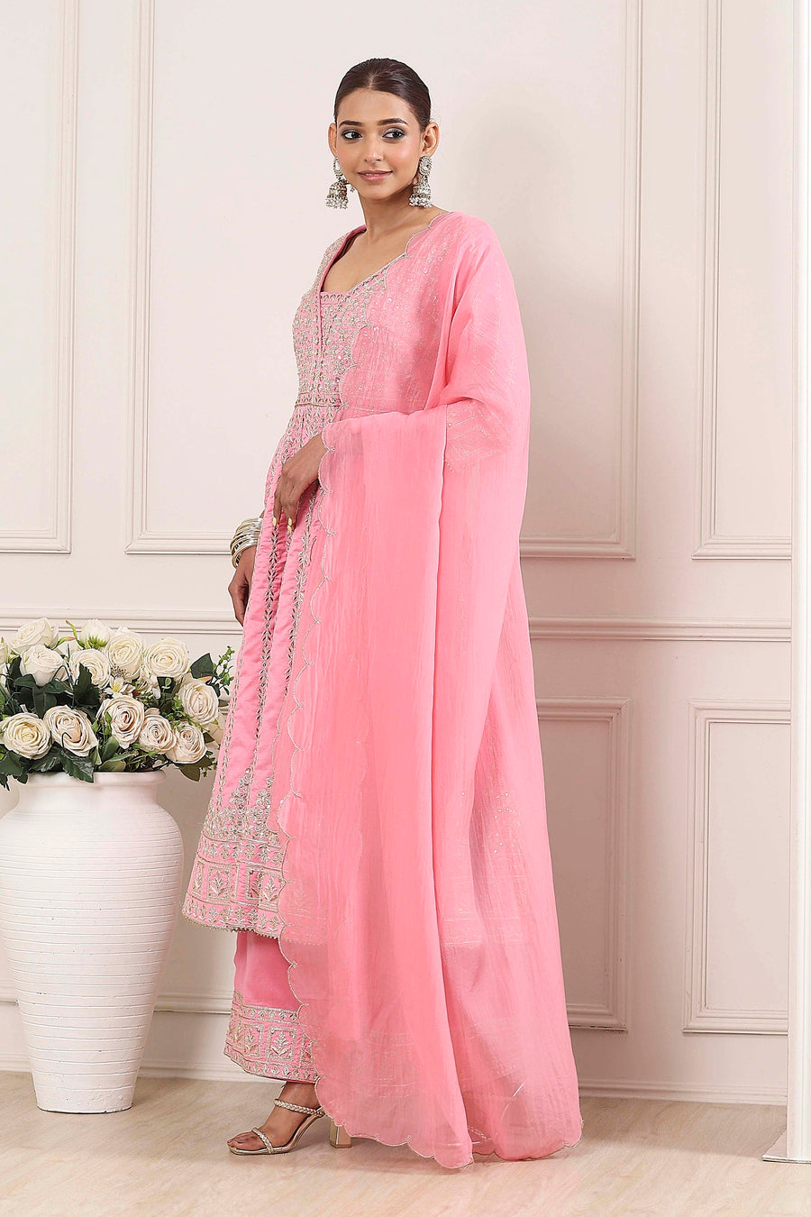 Rose Pink Cotton Silk Embroidered Anarkali Suit Set A34