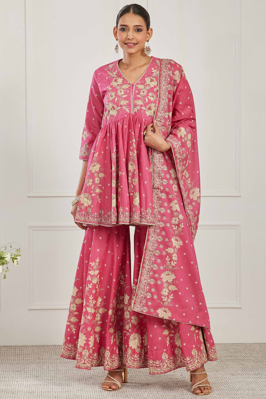 Pink Cotton Floral Embroidered Garara Kurta Set KS60