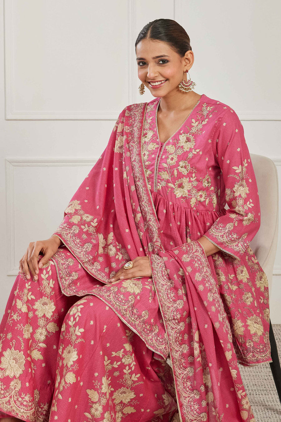 Pink Cotton Floral Embroidered Garara Kurta Set KS60