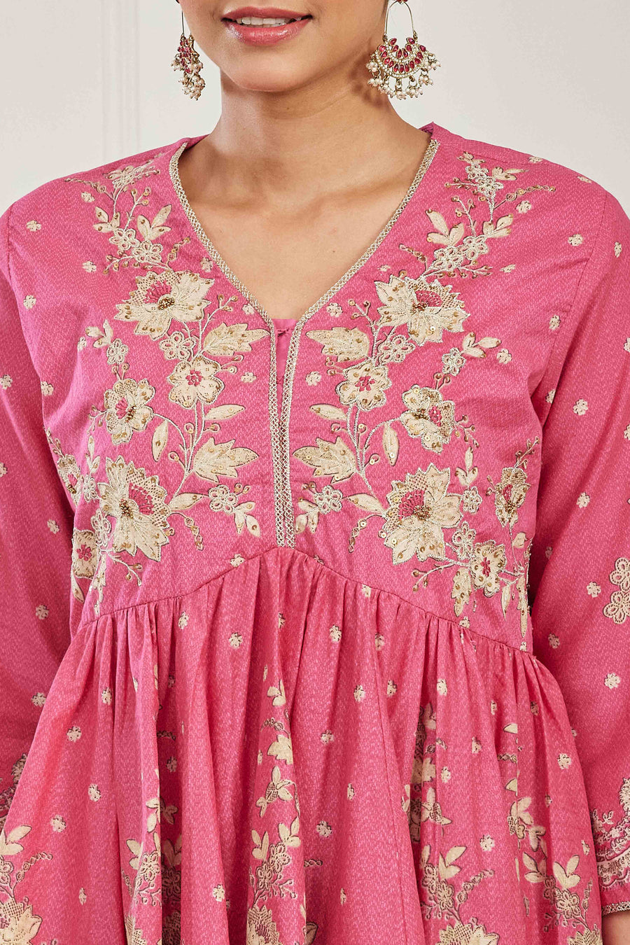 Pink Cotton Floral Embroidered Garara Kurta Set KS60