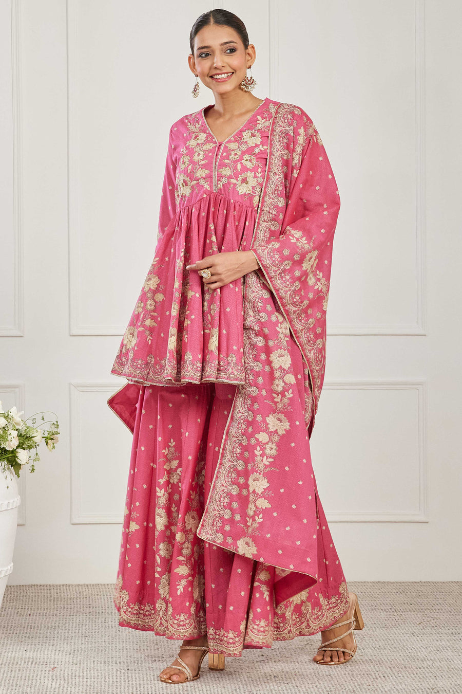 Pink Cotton Floral Embroidered Garara Kurta Set KS60