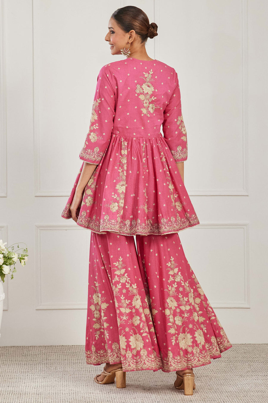 Pink Cotton Floral Embroidered Garara Kurta Set KS60