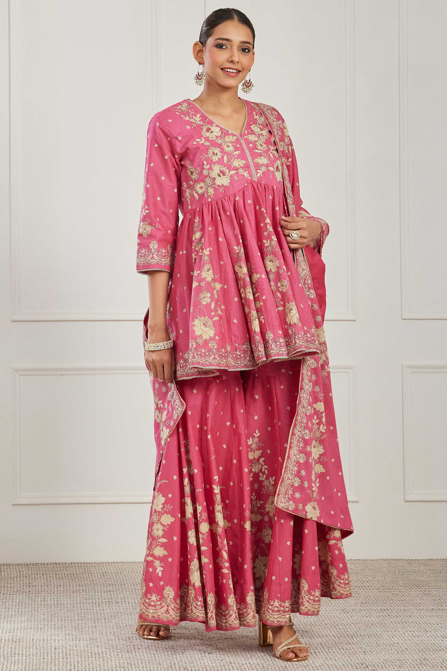 Pink Cotton Floral Embroidered Garara Kurta Set KS60