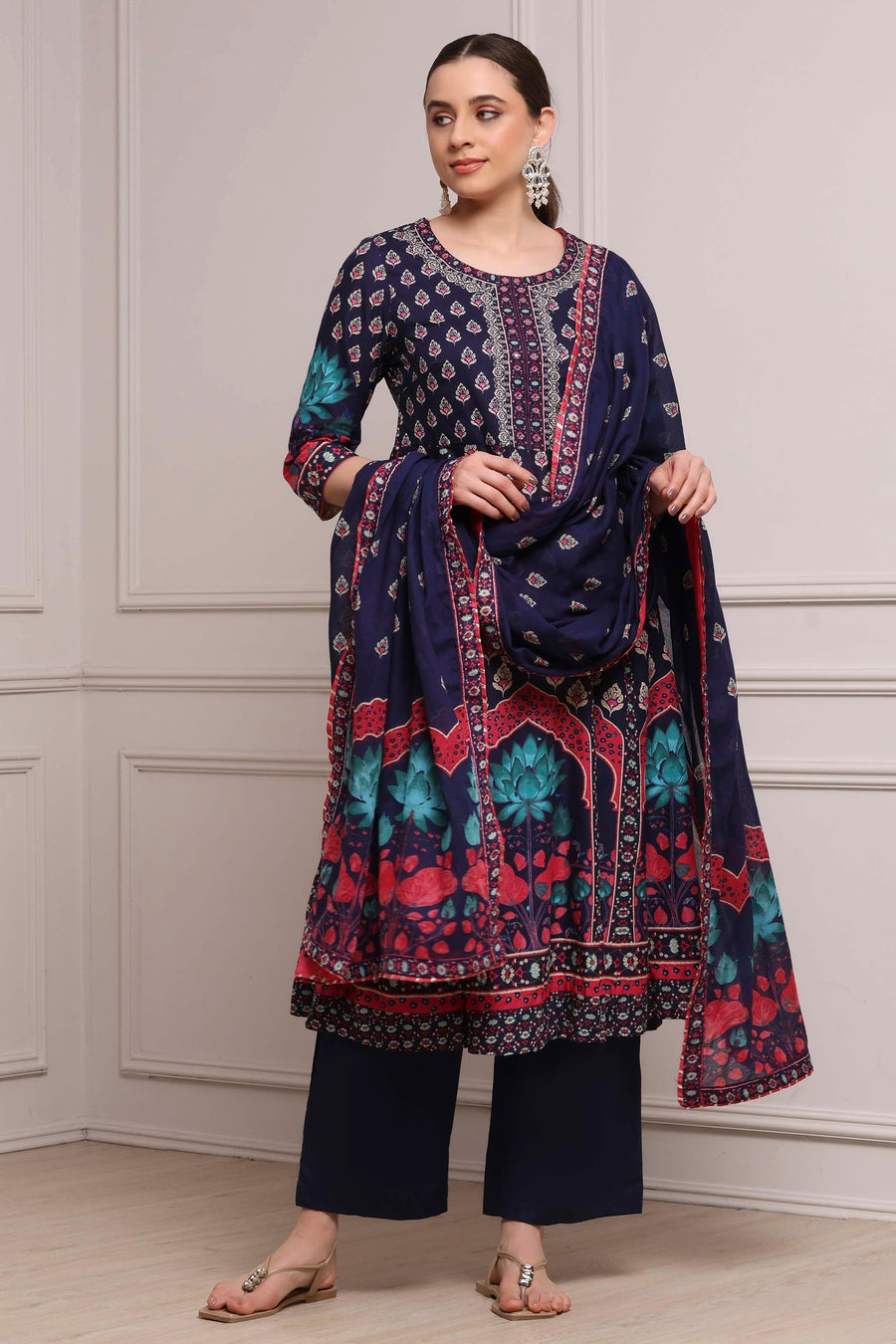 Navy Blue Cotton Printed Anarkali Suit Set A34