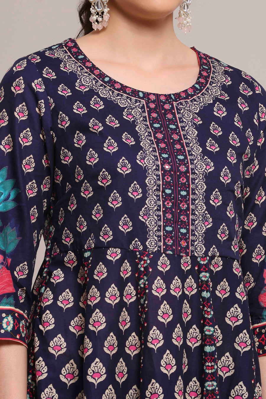 Navy Blue Cotton Printed Anarkali Suit Set A34