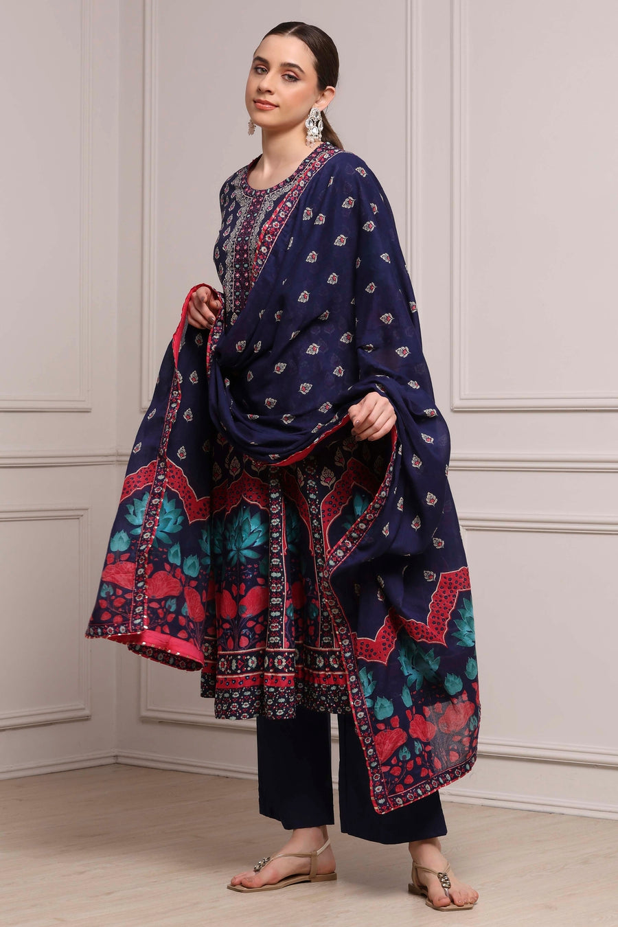 Navy Blue Cotton Printed Anarkali Suit Set A34