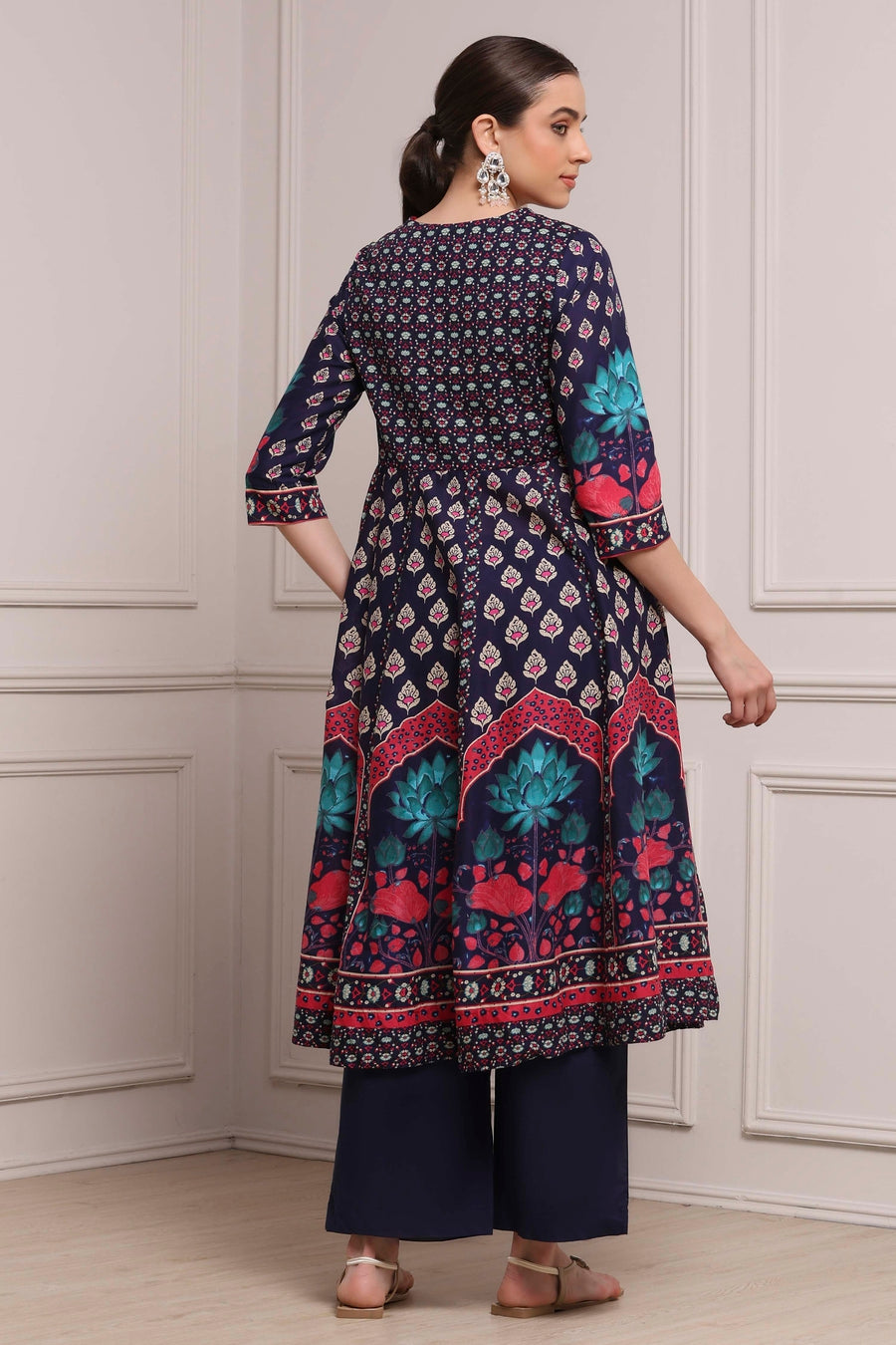 Navy Blue Cotton Printed Anarkali Suit Set A34