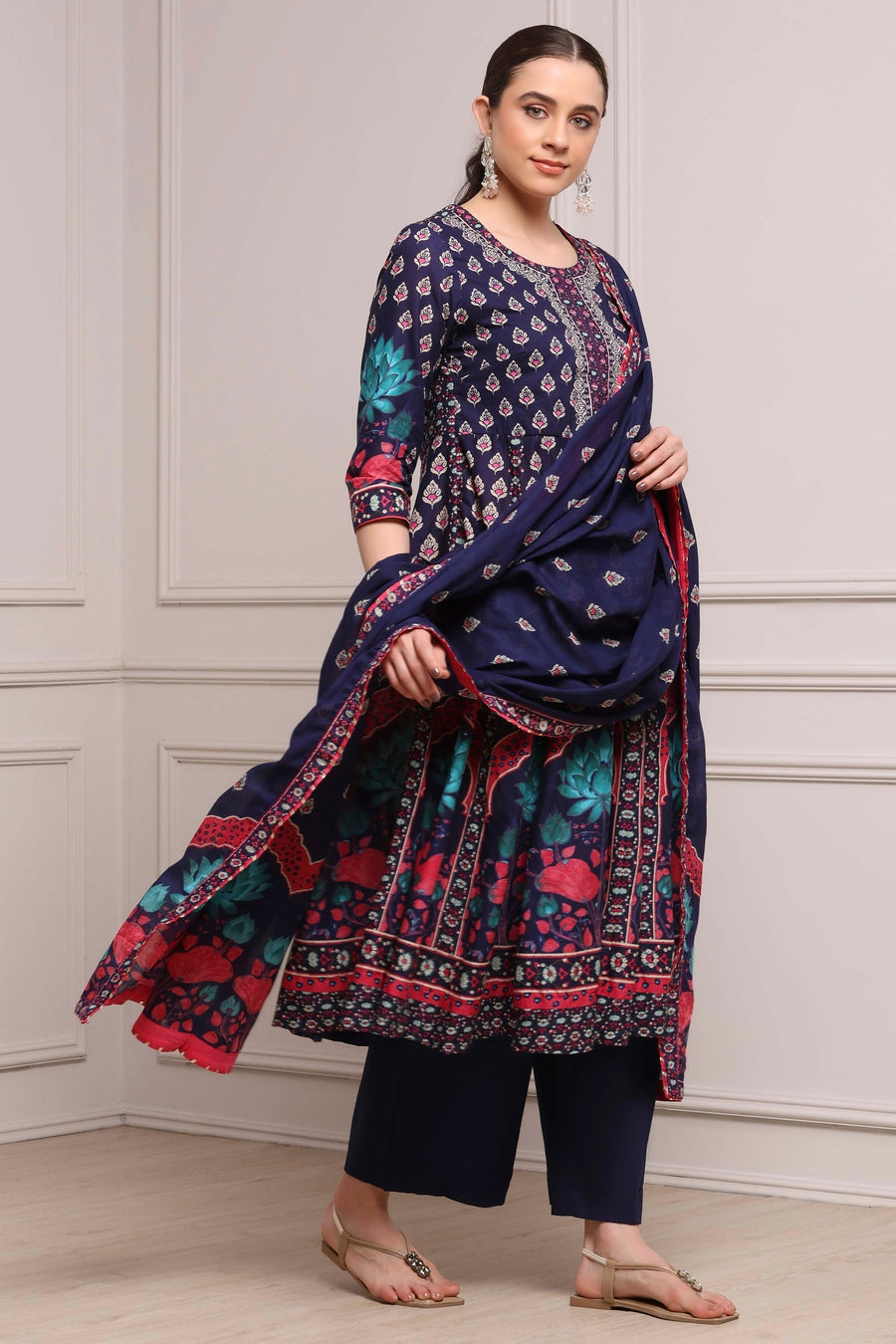 Navy Blue Cotton Printed Anarkali Suit Set A34