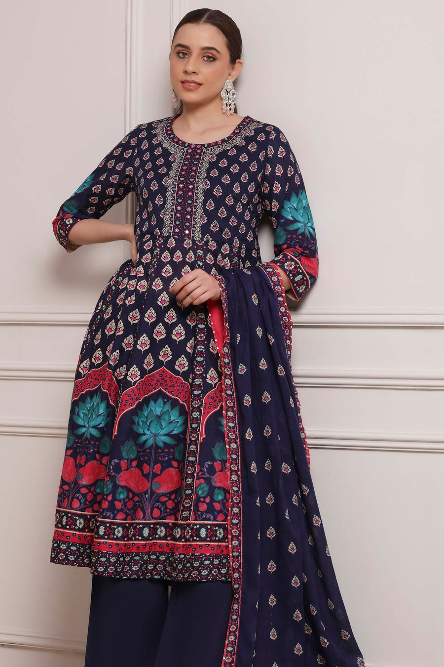 Navy Blue Cotton Printed Anarkali Suit Set A34