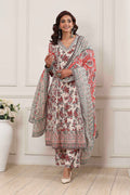 Grey Red Cotton Floral Printed Anarkali Suit Set A34