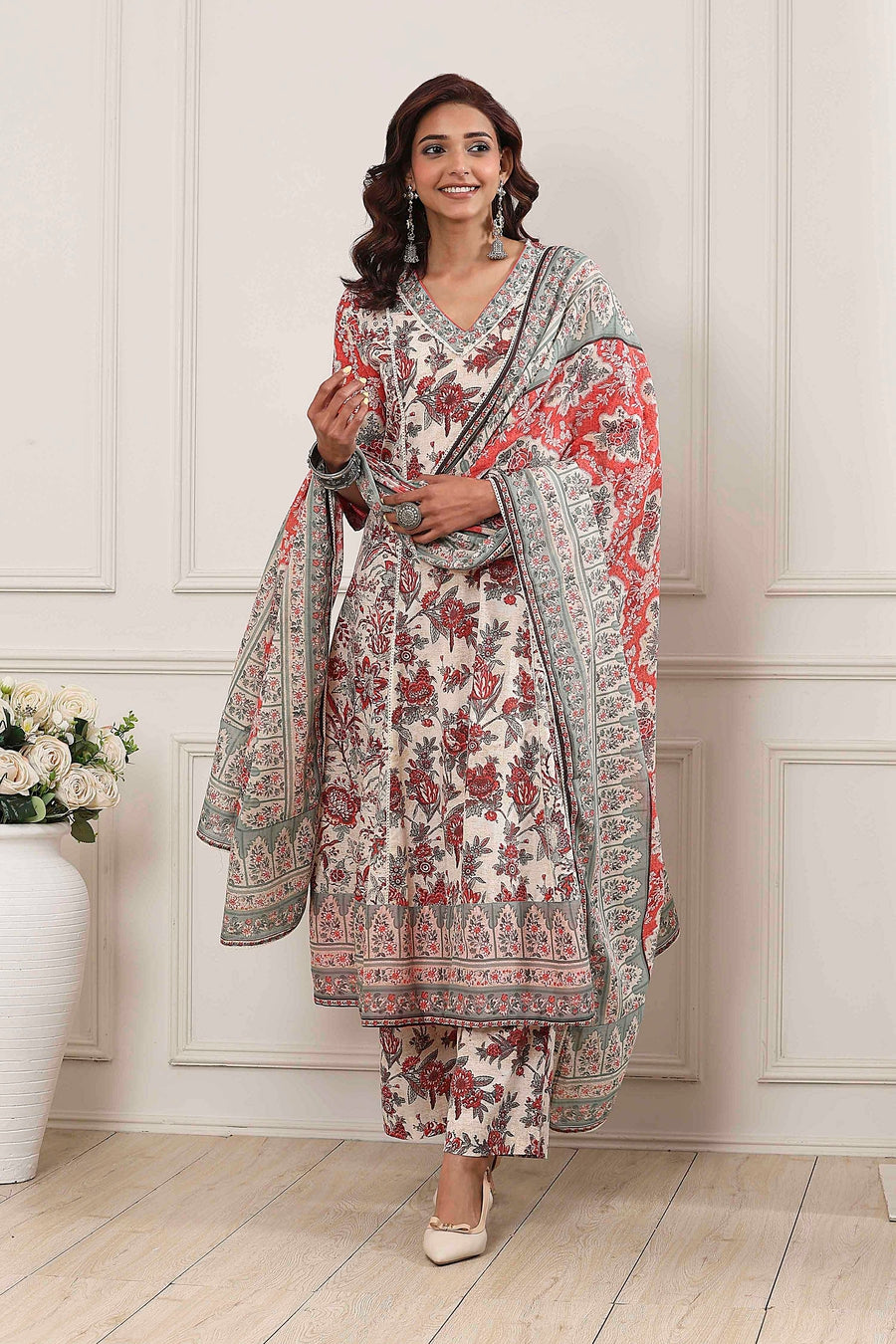 Grey Red Cotton Floral Printed Anarkali Suit Set A34