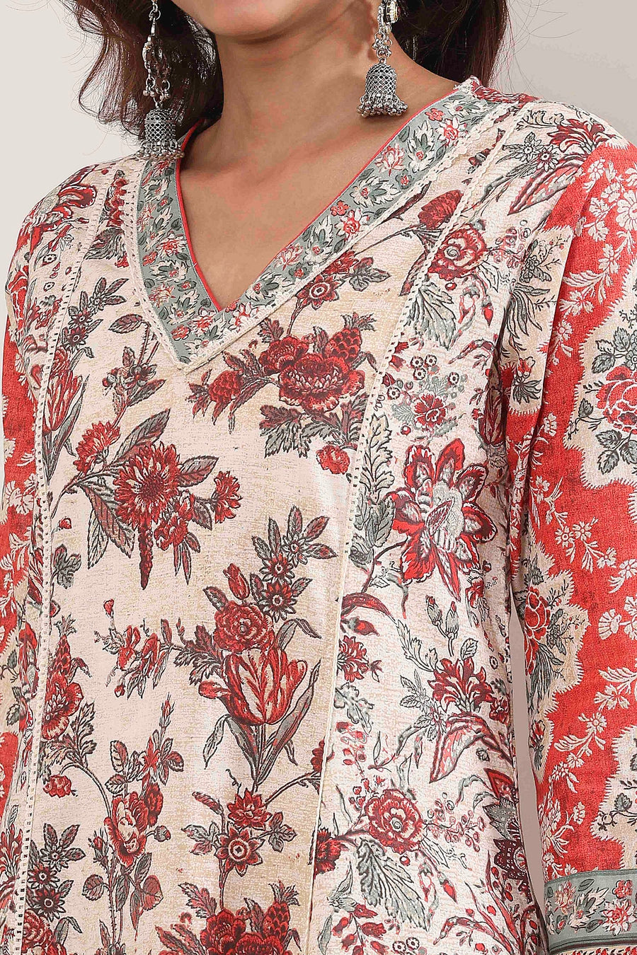 Grey Red Cotton Floral Printed Anarkali Suit Set A34