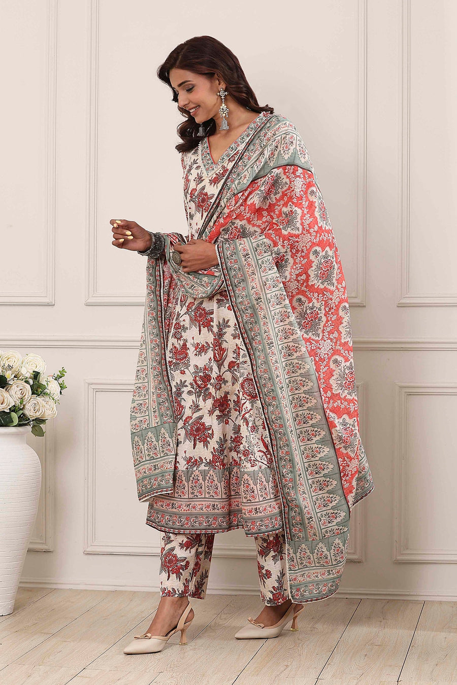 Grey Red Cotton Floral Printed Anarkali Suit Set A34