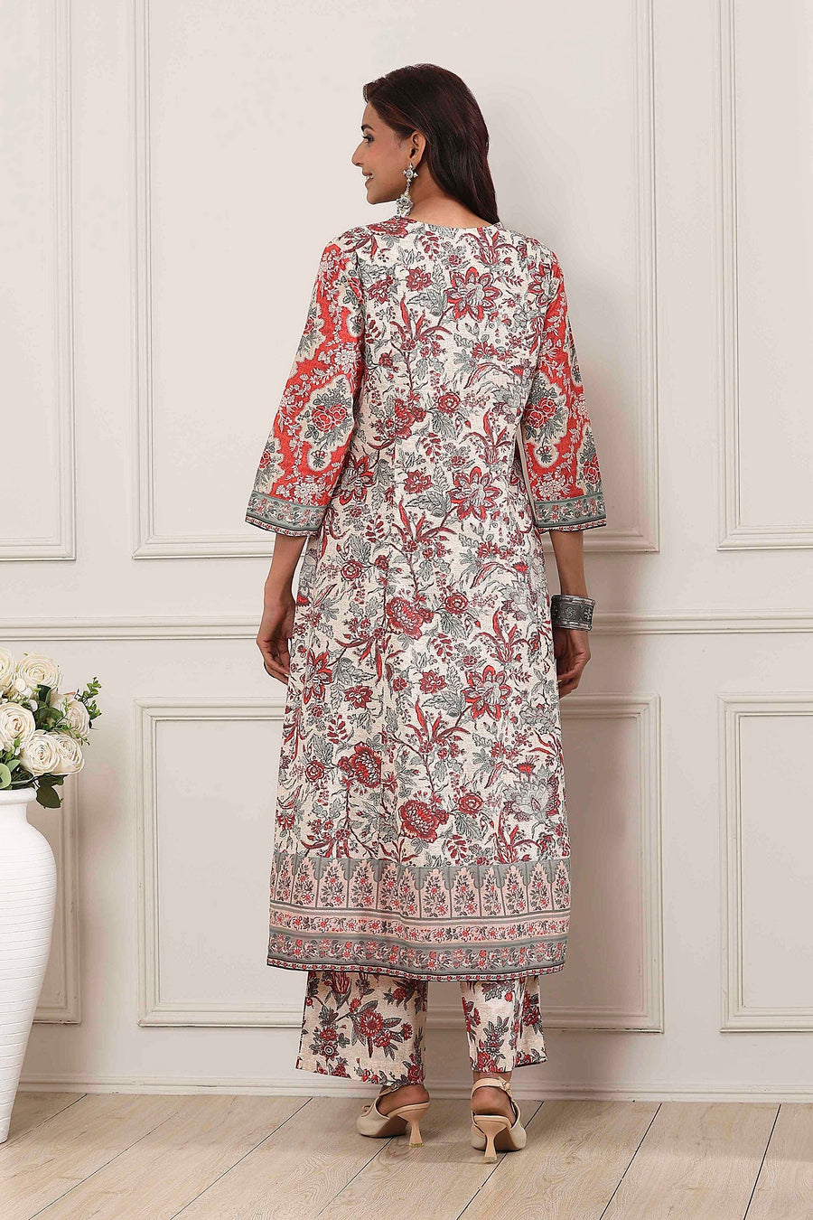 Grey Red Cotton Floral Printed Anarkali Suit Set A34