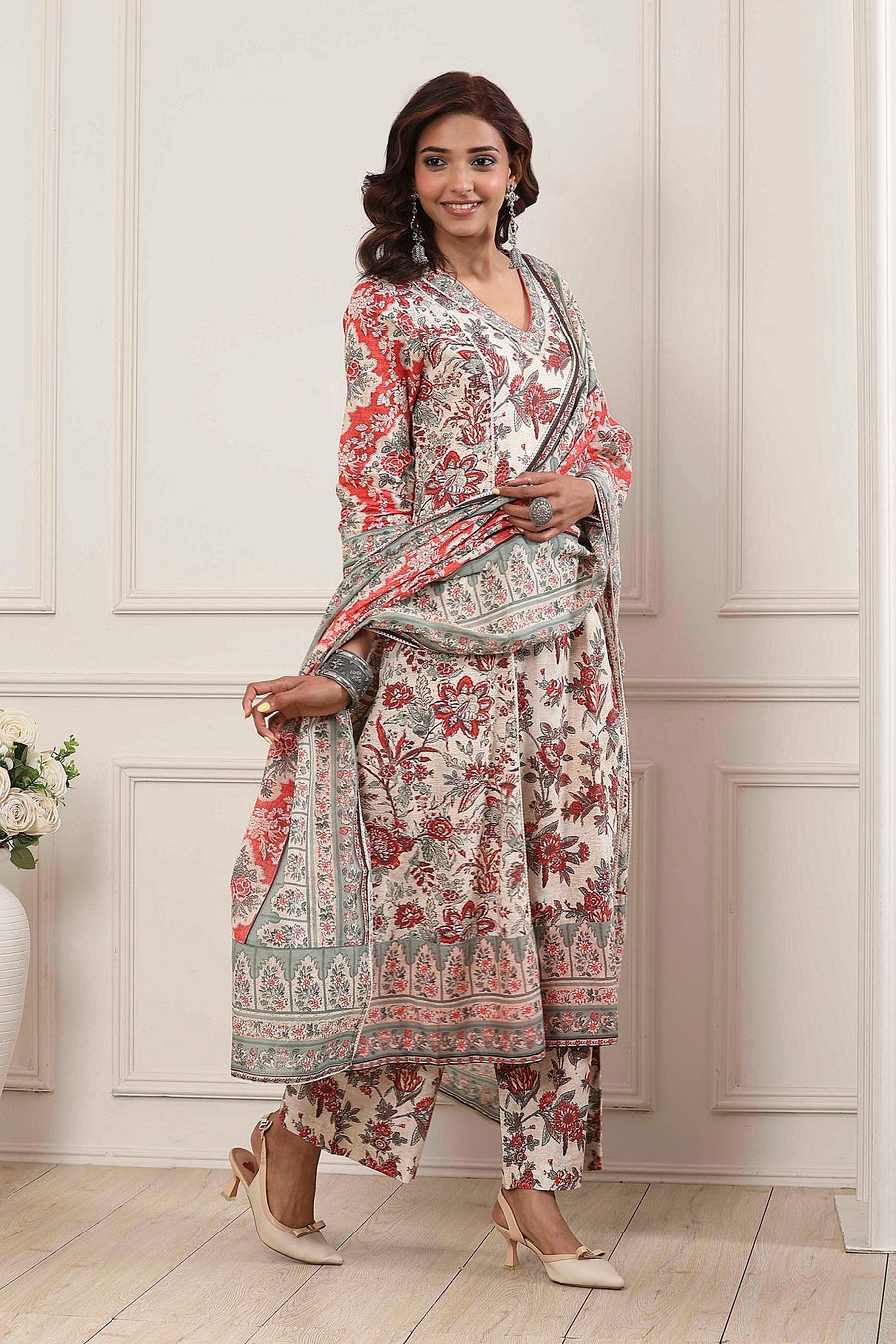 Grey Red Cotton Floral Printed Anarkali Suit Set A34