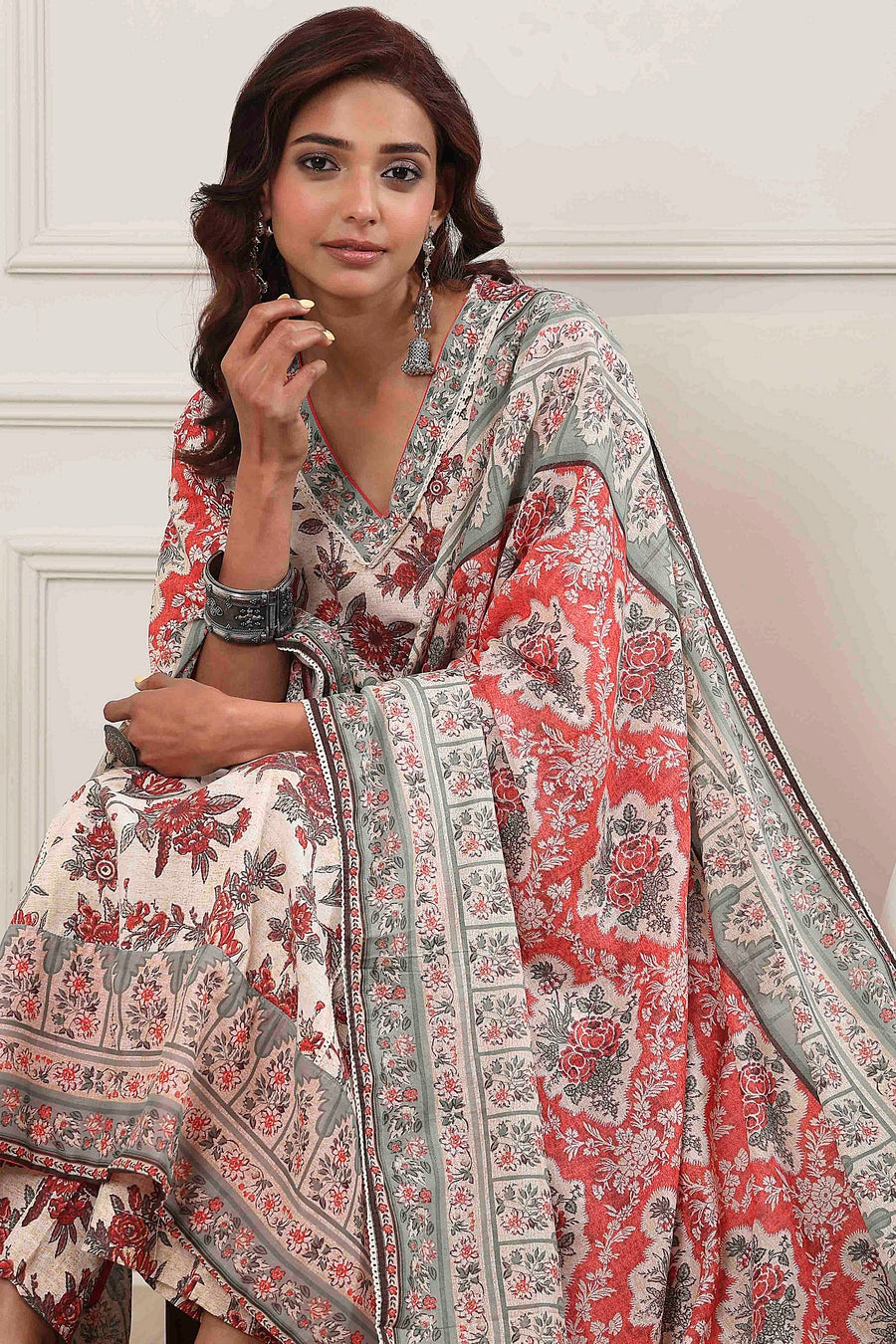 Grey Red Cotton Floral Printed Anarkali Suit Set A34